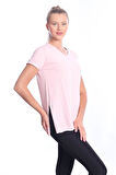 %100 Pamuk Kadın Pembe V yaka yanı yırtmaçlı asimetrik penye pamuk örme T-shirt tişört tunik