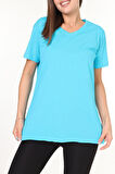 %100 Pamuk Kadın Turkuaz Mavisi V Yaka Yanı Yırtmaçlı Asimetrik Penye Pamuk Örme T-shirt Tunik