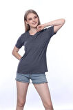 süper kalite Antrasit V yaka kadın tişört düz renk basic organik pamuk örme penye t-shirt