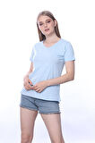 süper kalite Mavi V yaka kadın tişört düz renk basic organik pamuk örme penye t-shirt