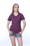 süper kalite Mürdüm V yaka kadın tişört düz renk basic organik pamuk örme penye t-shirt