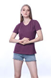 süper kalite Mürdüm V yaka kadın tişört düz renk basic organik pamuk örme penye t-shirt