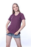süper kalite Mürdüm V yaka kadın tişört düz renk basic organik pamuk örme penye t-shirt