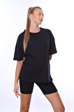 Kadın iç Gösteren Transparan Penye Pamuk Siyah Bisiklet Yaka Oversize T-shirt