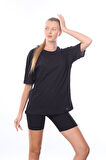 Kadın iç Gösteren Transparan Penye Pamuk Siyah Bisiklet Yaka Oversize T-shirt