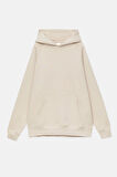% 100 Pamuk Kadın Bej Basic 3 Iplik Oversize Kapüşonlu Şardonsuz Kangru Cepli Sweatshirt