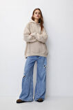 % 100 Pamuk Kadın Bej Basic 3 Iplik Oversize Kapüşonlu Şardonsuz Kangru Cepli Sweatshirt