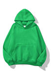% 100 Pamuk Kadın Soft Yeşil Basic 3 iplik oversize kapüşonlu kangru cepli sweatshirt