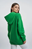 % 100 Pamuk Kadın Soft Yeşil Basic 3 iplik oversize kapüşonlu kangru cepli sweatshirt