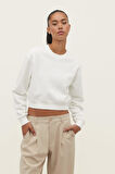 Ekru %100 Pamuk Kadın Basic crop bisiklet yaka uzun kollu sweatshirt