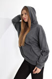 % 100 Pamuk Kadın Füme Antrasit Melanj Basic 3 iplik oversize kapüşonlu kangru cepli sweatshirt