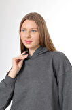 % 100 Pamuk Kadın Füme Antrasit Melanj Basic 3 iplik oversize kapüşonlu kangru cepli sweatshirt