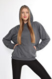 % 100 Pamuk Kadın Füme Antrasit Melanj Basic 3 iplik oversize kapüşonlu kangru cepli sweatshirt