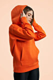 %100 Pamuklu, Kapüşonlu, Kangru cepli, Turuncu Basic Sweatshirt