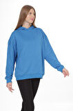 % 100 Pamuk Kadın Soft Mavi Basic 3 iplik oversize kapüşonlu kangru cepli sweatshirt