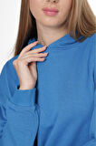 % 100 Pamuk Kadın Soft Mavi Basic 3 iplik oversize kapüşonlu kangru cepli sweatshirt