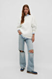%100 Pamuk Kadın Ekru 3 iplik Basic Oversize bisiklet yaka uzun kol sweatshirt Yüksek Kalite