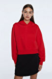 %100 pamuk Premium Kadın Kırmızı Kapüşonlu crop sweatshirt