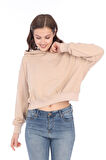 %100 pamuk Premium Kadın Bej Kapüşonlu crop sweatshirt