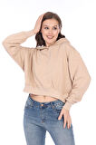 %100 pamuk Premium Kadın Bej Kapüşonlu crop sweatshirt