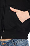 Premium Kalite %100 Pamuk 3 iplik Kadın Siyah Kapüşonlu Kanguru Cepli Bağcıklı Kısa Crop sweatshirt