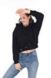 Premium Kalite %100 Pamuk 3 iplik Kadın Siyah Kapüşonlu Kanguru Cepli Bağcıklı Kısa Crop sweatshirt