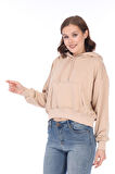 Premium Kalite %100 Pamuk 3 iplik Bej Kapüşonlu Kanguru Cepli Bağcıklı Kısa Crop sweatshirt