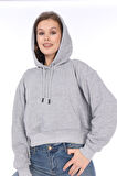 Premium Kalite %100 Pamuk 3 iplik Gri Melanj Kapüşonlu Kanguru Cepli Bağcıklı Kısa Crop sweatshirt