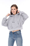 Premium Kalite %100 Pamuk 3 iplik Gri Melanj Kapüşonlu Kanguru Cepli Bağcıklı Kısa Crop sweatshirt