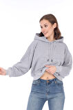 Premium Kalite %100 Pamuk 3 iplik Gri Melanj Kapüşonlu Kanguru Cepli Bağcıklı Kısa Crop sweatshirt