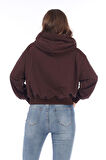 Premium Kalite %100 Pamuk 3 iplik Kahverengi Kapüşonlu Kanguru Cepli Bağcıklı Kısa Crop sweatshirt