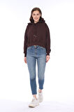 Premium Kalite %100 Pamuk 3 iplik Kahverengi Kapüşonlu Kanguru Cepli Bağcıklı Kısa Crop sweatshirt