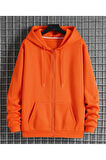 %100 Pamuk Ultra Kalite Erkek Turuncu 3 iplik Kapüşonlu Fermuarlı Cepli Sweatshirt Oranj