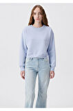 Kadın %100 Pamuk Açık Mavi Ultra Kalite Diagonel Şardonsuz 3 iplik Bisiklet Yaka Basic Sweatshirt