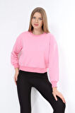 Kadın %100 Pamuk Pembe Ultra Kalite Diagonel Şardonsuz 3 iplik Bisiklet Yaka Basic Sweatshirt