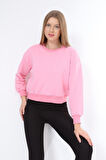 Kadın %100 Pamuk Pembe Ultra Kalite Diagonel Şardonsuz 3 iplik Bisiklet Yaka Basic Sweatshirt