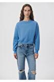 Kadın %100 Pamuk Mavi Ultra Kalite Diagonel Şardonsuz 3 iplik Bisiklet Yaka Basic Sweatshirt