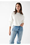 Kadın %100 Pamuk Ekru Ultra Kalite Diagonel Şardonsuz 3 iplik Bisiklet Yaka Basic Sweatshirt