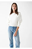 Kadın %100 Pamuk Ekru Ultra Kalite Diagonel Şardonsuz 3 iplik Bisiklet Yaka Basic Sweatshirt