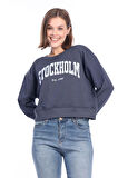 Kadın %100 Pamuk Baskılı Antrasit Füme Ultra Kalite Şardonsuz 3iplik Bisiklet Yaka Basic Sweatshirt