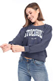 Kadın %100 Pamuk Baskılı Antrasit Füme Ultra Kalite Şardonsuz 3iplik Bisiklet Yaka Basic Sweatshirt