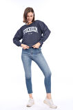Kadın %100 Pamuk Baskılı Antrasit Füme Ultra Kalite Şardonsuz 3iplik Bisiklet Yaka Basic Sweatshirt