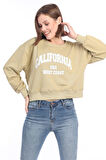 Kadın %100 Pamuk Baskılı Açık Haki Ultra Kalite Şardonsuz 3 iplik Bisiklet Yaka Basic Sweatshirt