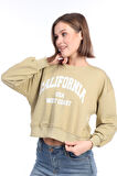 Kadın %100 Pamuk Baskılı Açık Haki Ultra Kalite Şardonsuz 3 iplik Bisiklet Yaka Basic Sweatshirt