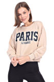 Kadın %100 Pamuk Baskılı Bej Ultra Kalite Diagonel Şardonsuz 3iplik Bisiklet Yaka Basic Sweatshirt