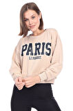 Kadın %100 Pamuk Baskılı Bej Ultra Kalite Diagonel Şardonsuz 3iplik Bisiklet Yaka Basic Sweatshirt