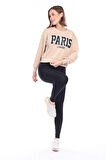 Kadın %100 Pamuk Baskılı Bej Ultra Kalite Diagonel Şardonsuz 3iplik Bisiklet Yaka Basic Sweatshirt