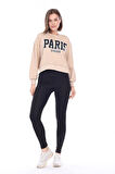 Kadın %100 Pamuk Baskılı Bej Ultra Kalite Diagonel Şardonsuz 3iplik Bisiklet Yaka Basic Sweatshirt