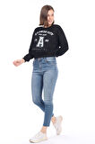 Kadın %100 Pamuk Baskılı Siyah Ultra Kalite Diagonel Şardonsuz 3iplik Bisiklet Yaka Basic Sweatshirt