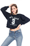 Kadın %100 Pamuk Baskılı Lacivert Ultra Kalite Şardonsuz 3 iplik Bisiklet Yaka Basic Sweatshirt